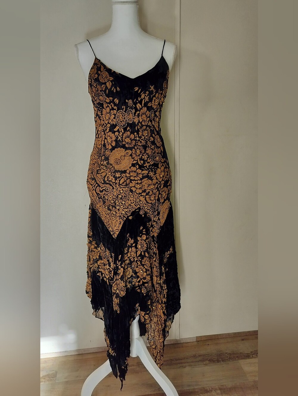 Black & Gold Asymmetrical Slip Dress with Floral Burnout